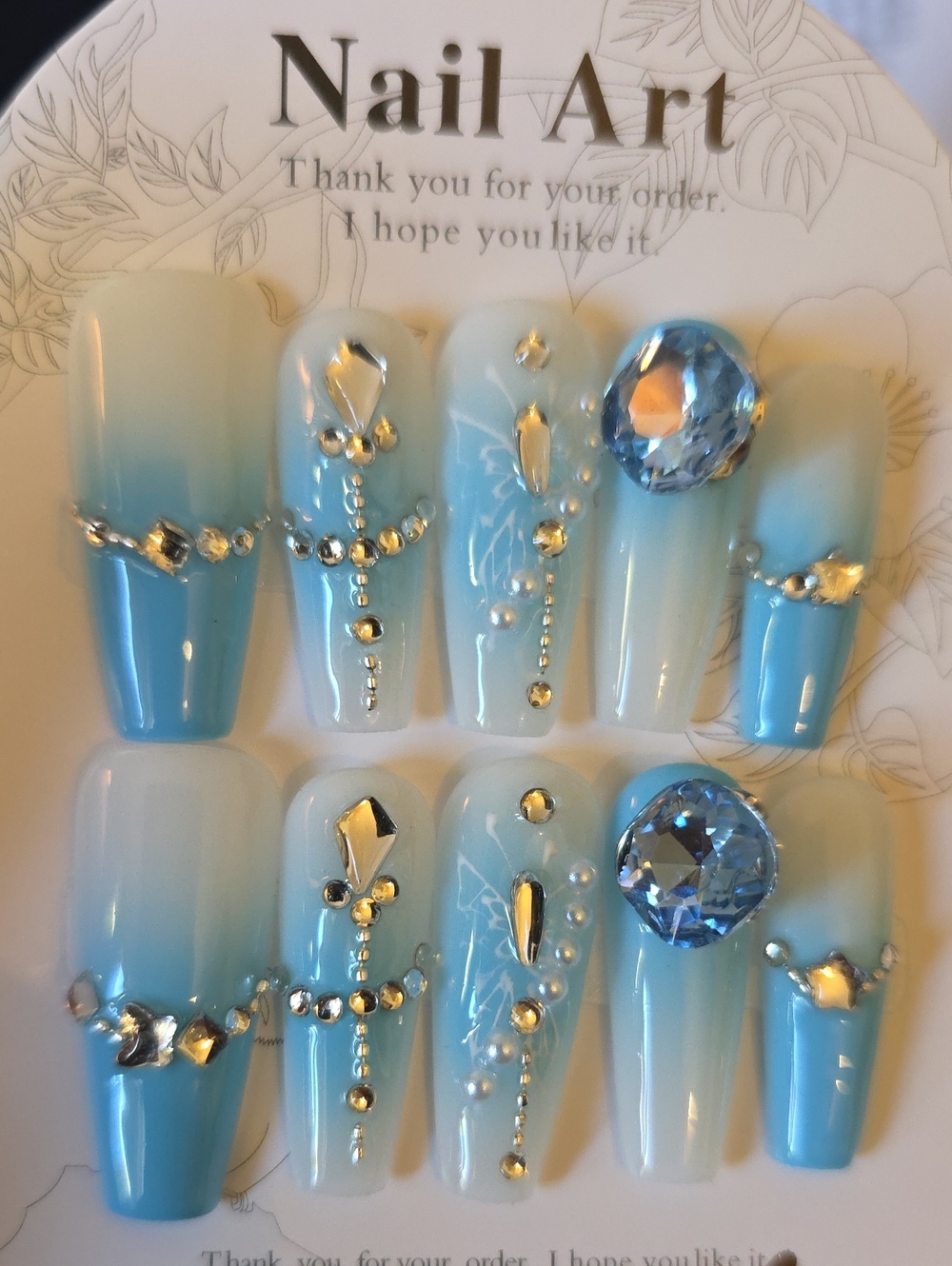 Blue and White Gradient Crystal Nail Art Set Size Large.